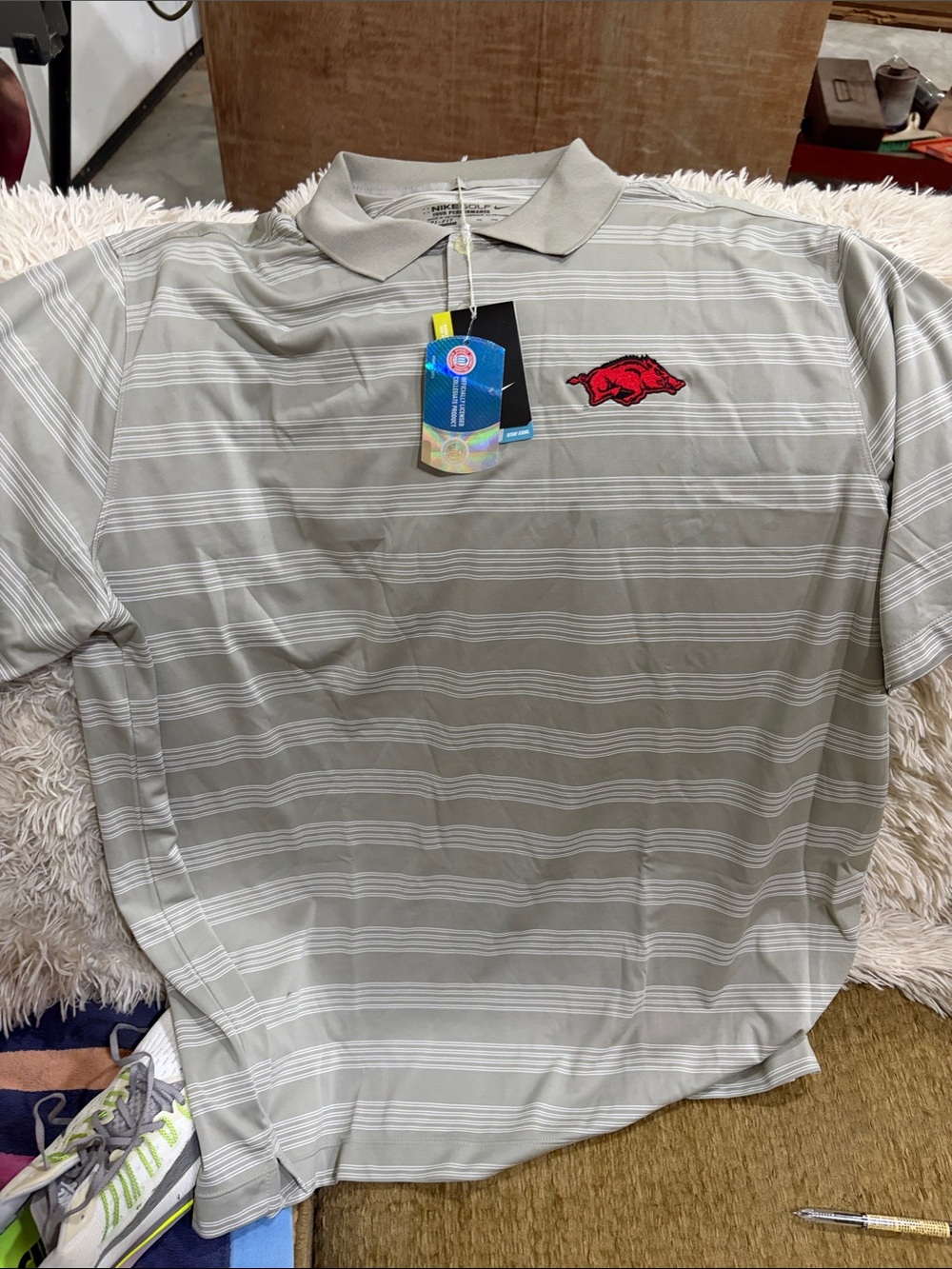 Nike Men's Light Gray Striped Polo with Red Logo